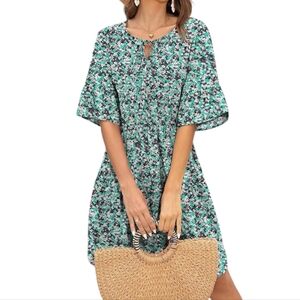 2/$30 Women's Floral Print Flutter Sleeve Peasant Dress With Tie Neckline